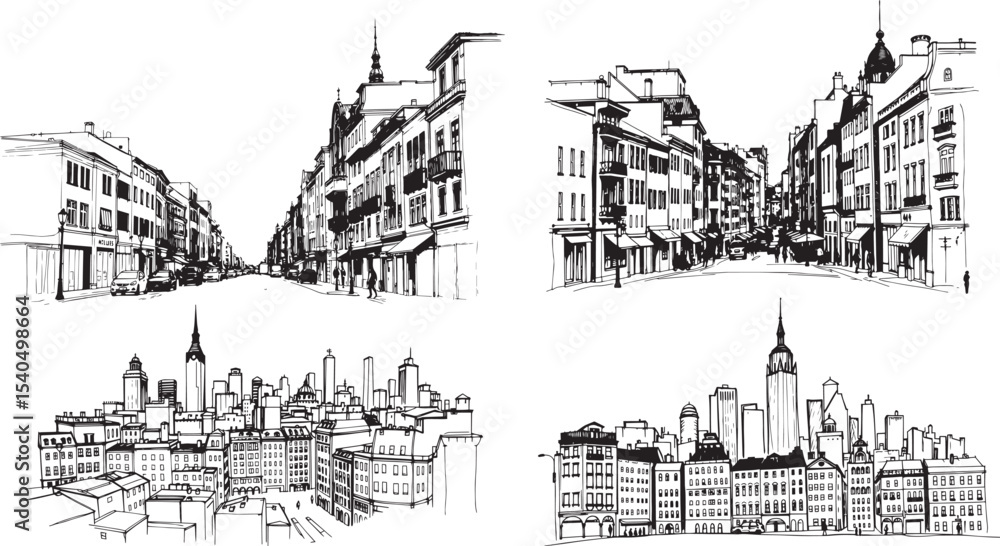 Obraz premium A set of urban landscapes. Line urban backdrop, different buildings on street, doodle street draw, outline cityscape hand sketch, flat houses. Hand drawn vector illustration