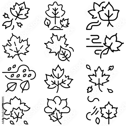 Collection of autumn themed line art icons depicting leaves falling and blowing in the wind illustrations
