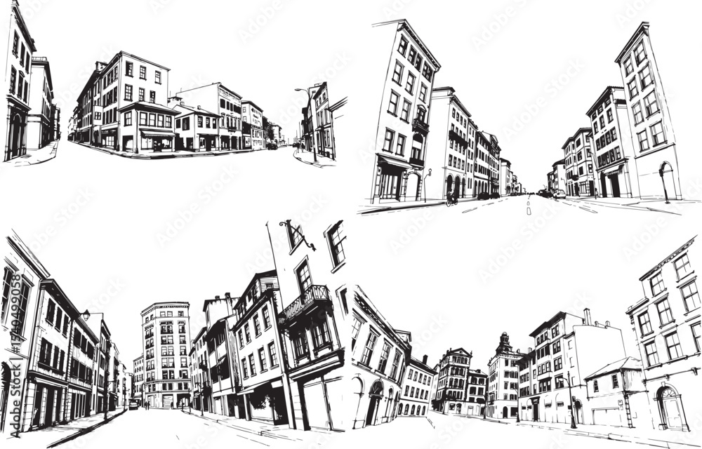 Obraz premium A set of urban landscapes. Line urban backdrop, different buildings on street, doodle street draw, outline cityscape hand sketch, flat houses. Hand drawn vector illustration