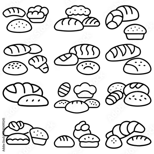 Collection of outlined baked goods including bread rolls croissants and muffins in a simple line drawing style