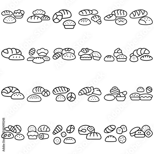 Collection of outlined bread and baked goods arranged in rows on a white background vector image