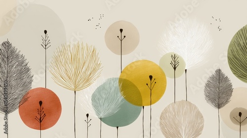 Colorful abstract illustration of stylized trees and foliage against a soft background