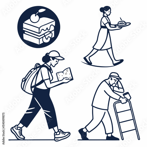 Diverse people walking daily life activities illustration