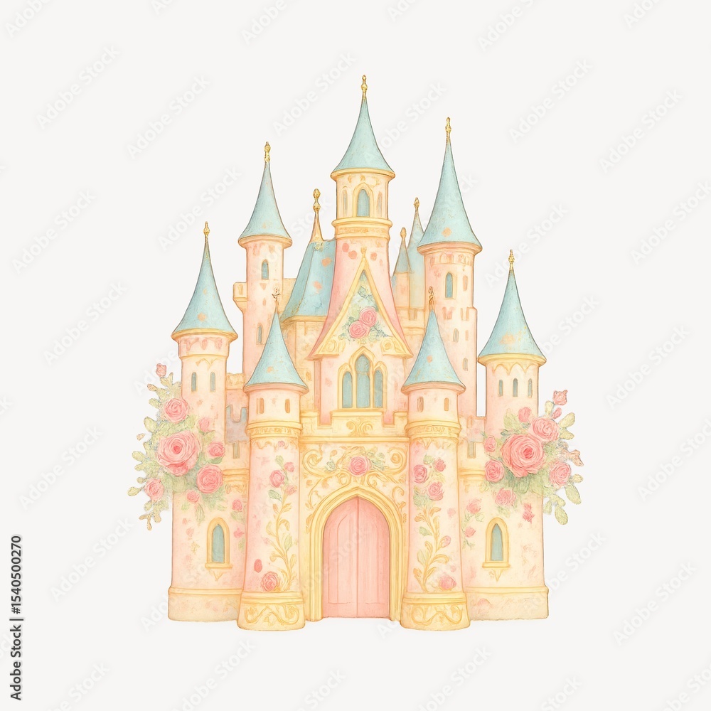 Fototapeta premium Whimsical fairytale castle illustration.