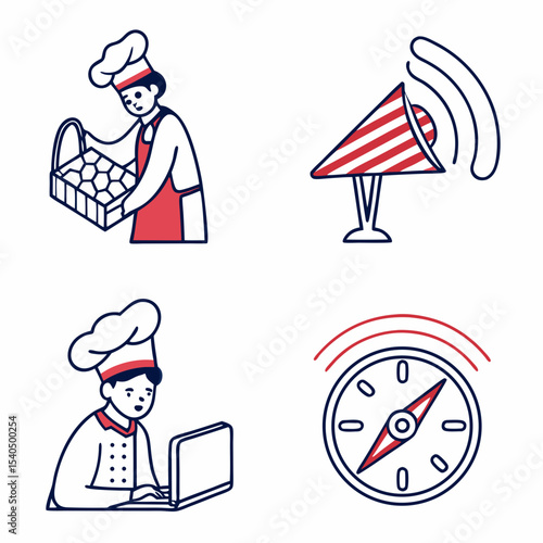 Chef using laptop and carrying basket of food