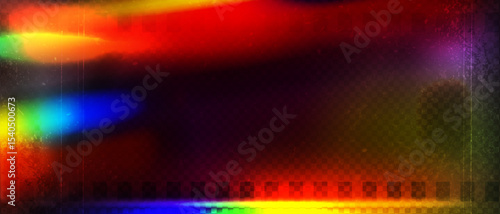 Old film strip leaking light rainbow rays overlay effect and noise texture, Scratched old film strip with grain and bokeh glare effect, Vector vintage background.