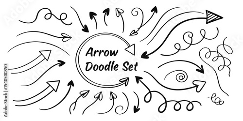 A circular burst of hand-drawn doodle arrows in various styles SET'. Offers a playful and informal collection of directional elements for creative projects on a clean white background.