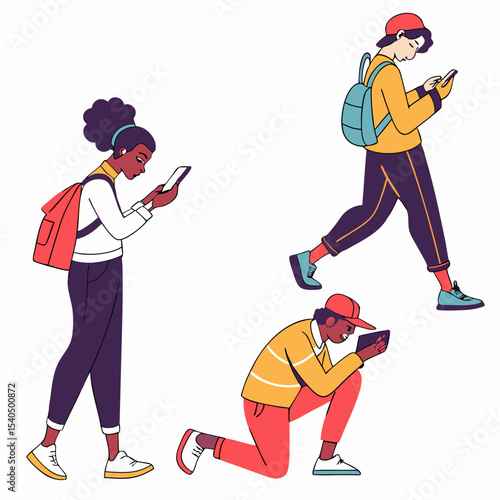 Diverse young adults using smartphones and tablets on white background