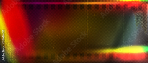 Old film strip leaking light rainbow rays overlay effect and noise texture, Scratched old film strip with grain and bokeh glare effect, Vector vintage background.