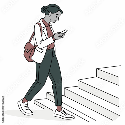 Woman walking upstairs using smartphone clean cutout