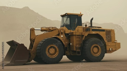A large yellow front loader stands on dusty ground in a desert or construction site. Heavy equipment for earth moving operations in dirt footage.
