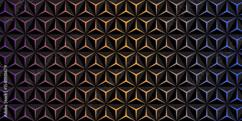 Abstract triangular background. Carbon triangle tiles. Interior design concept. 3d architectural render illustration. Geometry pattern. Random cells. Polygonal glossy surface.