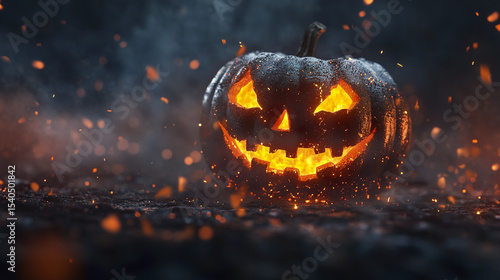 glowing Halloween pumpkin with spooky expression, surrounded by sparks and smoke