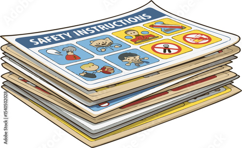 Stack of Safety Instruction Sheets with Cartoon Illustrations and Warnings.