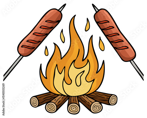 Hot dogs roasting over a campfire cartoon clipart illustration, isolated 