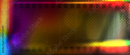 Old film strip leaking light rainbow rays overlay effect and noise texture, Scratched old film strip with grain and bokeh glare effect, Vector vintage background.