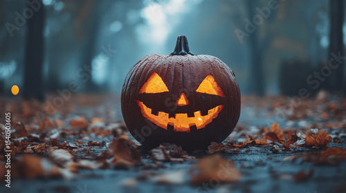 spooky Halloween pumpkin with glowing eyes sits among fallen leaves in misty atmosphere