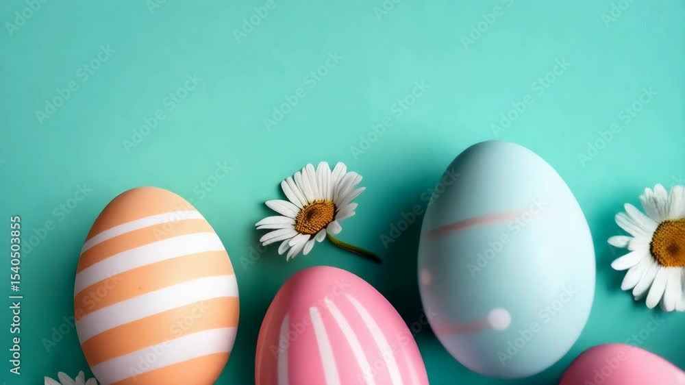 Pastel Easter Eggs with Stripes, Dots, and Zigzags Pattern Surrounded by White Daisy Flowers on a Turquoise Background Pastel Easter Eggs with Stripes, Dots, and Zigzags Pattern Surrounded by White Daisy Flowers on a Turquoise Background