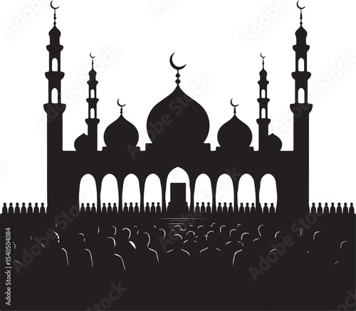 silhouette of islamic worshippers gathering at mosque during prayer with towering minarets and crescent moon above