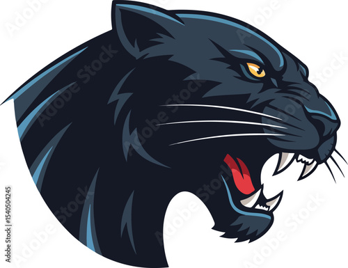 Logo of an aggressive black panther head attacking, black puma icon with big clicks.