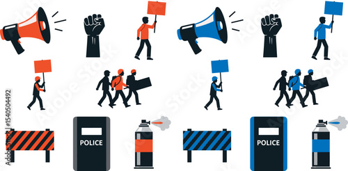 Set of icons symbolizing a protest or rally, gathering of people and defending their rights, icons of protesting people, a bullhorn, force and a police shield, set in two colors.