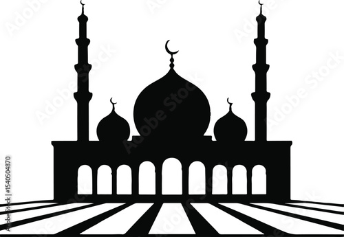silhouette of islamic worshippers gathering at mosque during prayer with towering minarets and crescent moon above