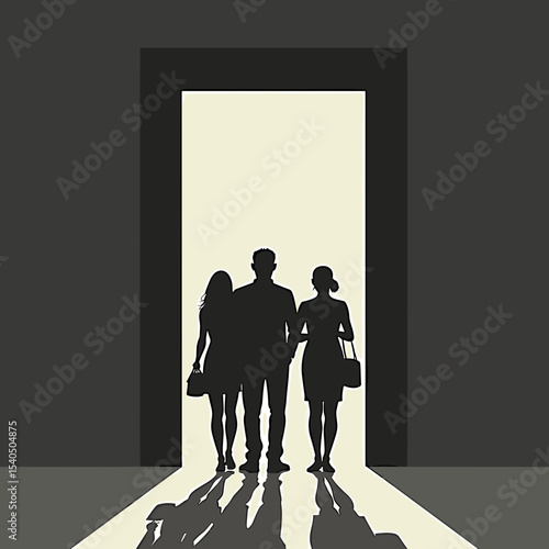 Silhouetted group of three people walking through an open doorway  
