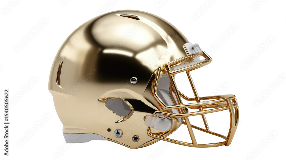 Fototapeta premium Golden Football Helmet: An eye-level view of a pristine gold-colored football helmet against a clear backdrop, reflecting light and capturing the essence of sportsmanship and victory.