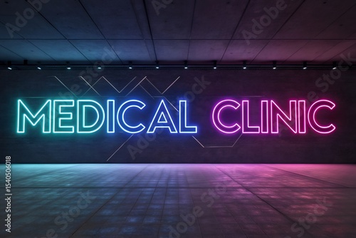 Neon medical clinic sign on dark concrete wall