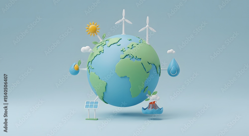 Naklejka premium 3D render of a globe surrounded by icons representing solar, wind, hydro, and geothermal energy, flat minimal style 2