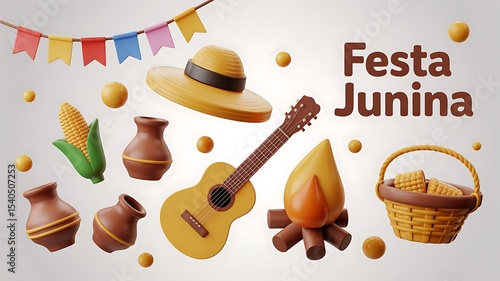 A 3D Illustration of Traditional Festa Junina Celebration Decorations, Music, and Food