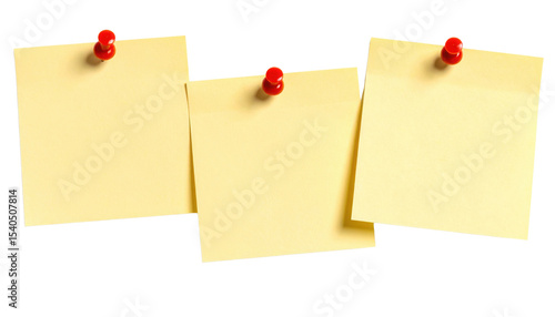 Three blank yellow sticky notes pinned with red thumbtacks in a row.