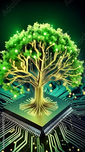 Digital tree emerging from a microchip symbolizes growth in technology, ecological awareness, and sustainable future applications.