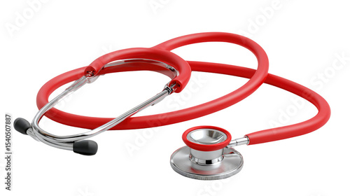 Red Stethoscope Close-up: An eye-level shot of a pristine red stethoscope, meticulously isolated against a clean backdrop, perfect for healthcare and medical concept illustrations.