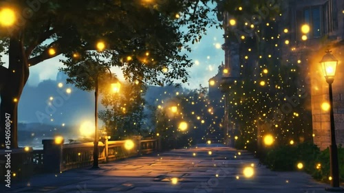 Glowing orbs illuminate a misty walkway scene