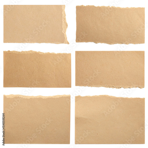 Six pieces of torn brown kraft paper with rough edges, arranged in two rows of three on a black surface.