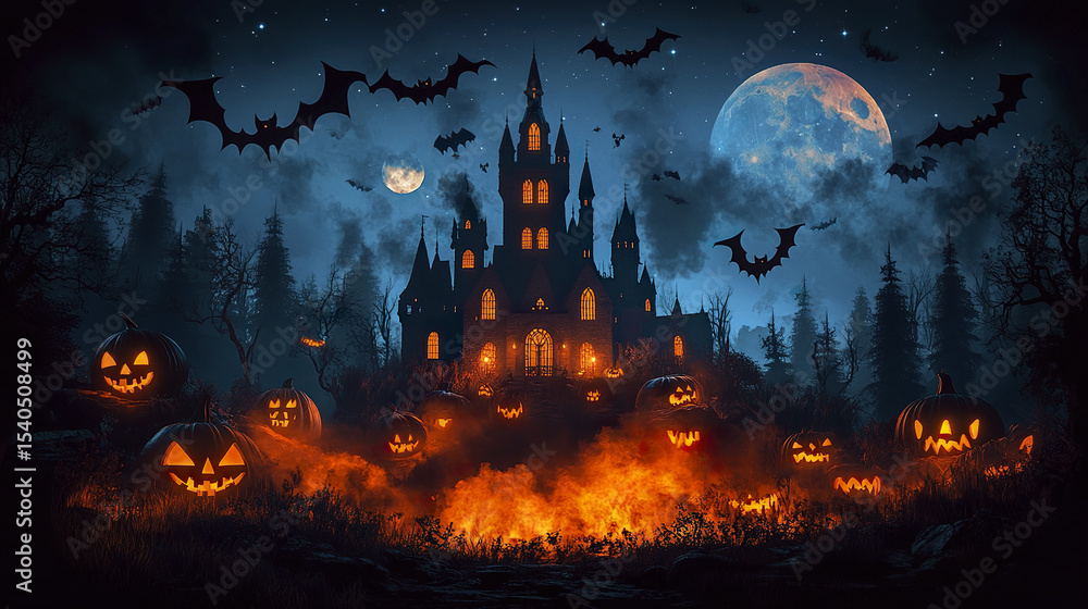 Haunted castle with bats and glowing pumpkins creates spooky Halloween atmosphere Haunted castle with bats and glowing pumpkins creates spooky Halloween atmosphere