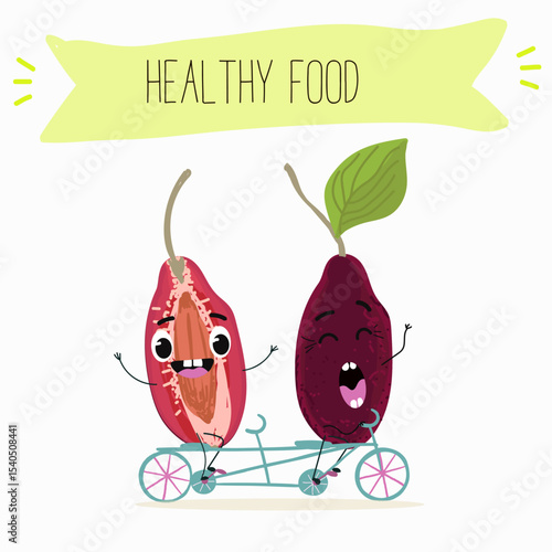 Cherry, fruit, dogwood, cornelian, cornus, funny cheerful characters. Vector hand drawn  illistration.