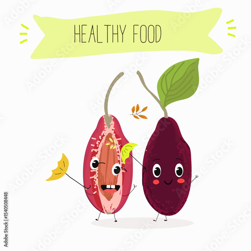 Cherry, fruit, dogwood, cornelian, cornus, funny cheerful characters. Vector hand drawn  illistration.