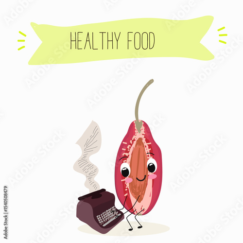 Cherry, fruit, dogwood, cornelian, cornus, funny cheerful characters. Vector hand drawn  illistration.