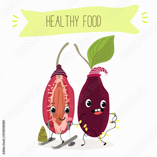 Cherry, fruit, dogwood, cornelian, cornus, funny cheerful characters. Vector hand drawn  illistration.