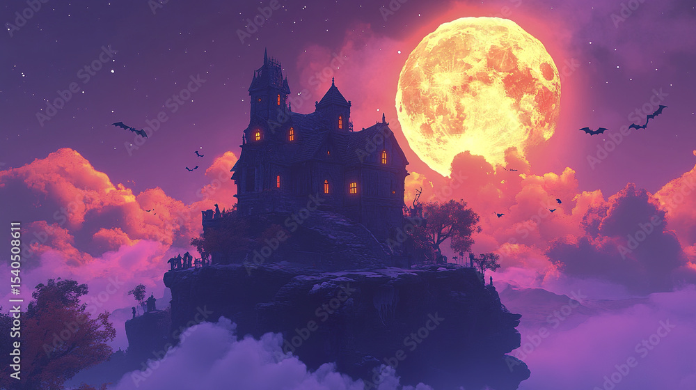 Haunted house on cliff with full moon and bats flying, creating spooky atmosphere Haunted house on cliff with full moon and bats flying, creating spooky atmosphere