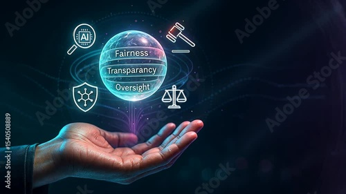Businessman hand holding bright digital sphere with ai governance icons, showing control, fairness and law in ai, concept of ai ethics, governance, legal tech