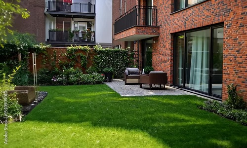 Lush Green Lawn with White Flowers and Brick Building on a Bright Sunny Day in a Minimalist Geometric Design