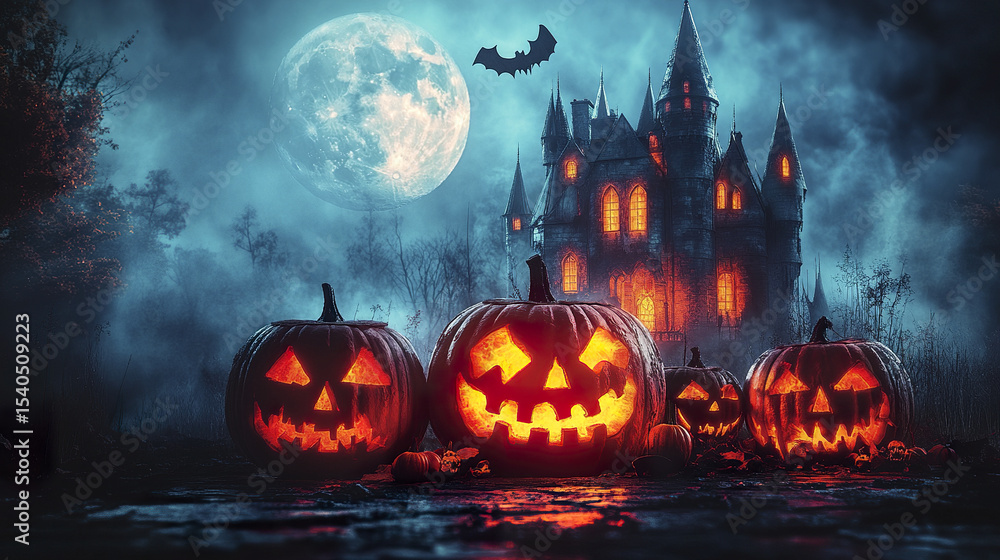 Haunting pumpkins glow in front of spooky castle under full moon Haunting pumpkins glow in front of spooky castle under full moon