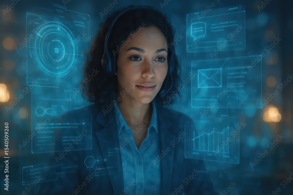A focused woman wearing headphones, engaged in futuristic holographic interface, showcasing technological advancement and data analysis. A focused woman wearing headphones, engaged in futuristic holographic interface, showcasing technological advancement and data analysis.