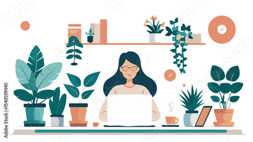 Minimalist flat vector of a freelancer woman working on a laptop at home, surrounded by indoor plants, coffee, and cozy decor. Transparent background, perfect for blogs, apps, and remote work content.