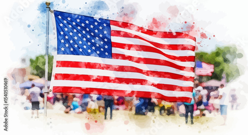 Patriotic Watercolor Painting of American Flag at Independence Day Celebration