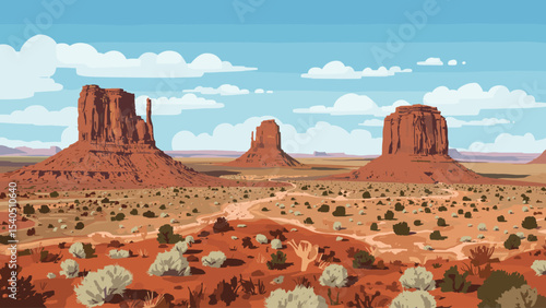 Vector illustration of Monument Valley desert landscape with red rock formations, shrubs and blue sky in a stylized, flat style