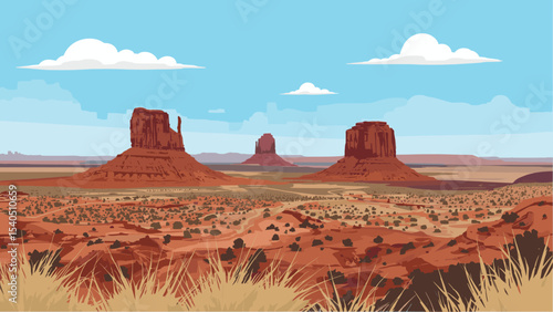 Vector illustration of Monument Valley desert landscape with red rock formations, shrubs and blue sky in a stylized, flat style